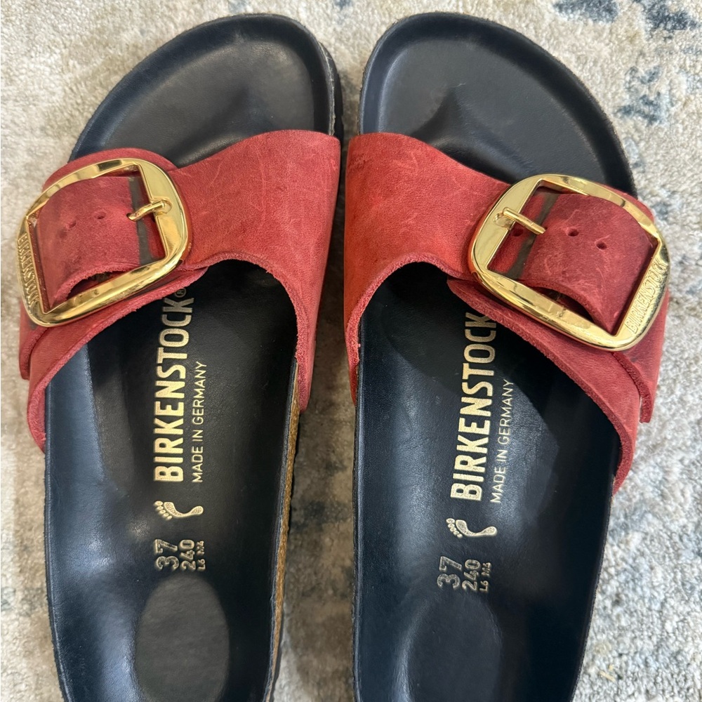 Birkenstock Red Sandals with Gold Buckle